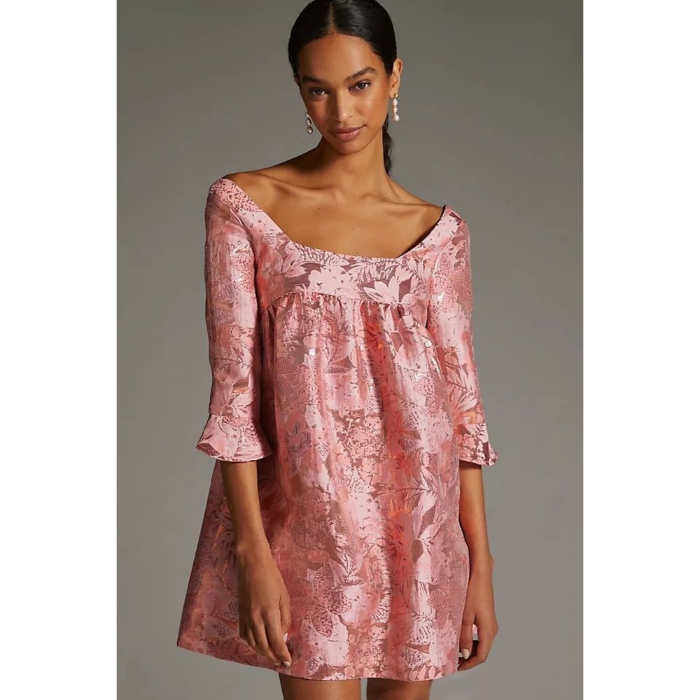 Anthropologie Eva Franco Babydoll Dress Size 2 Pink Metallic Floral Jacquard Bow